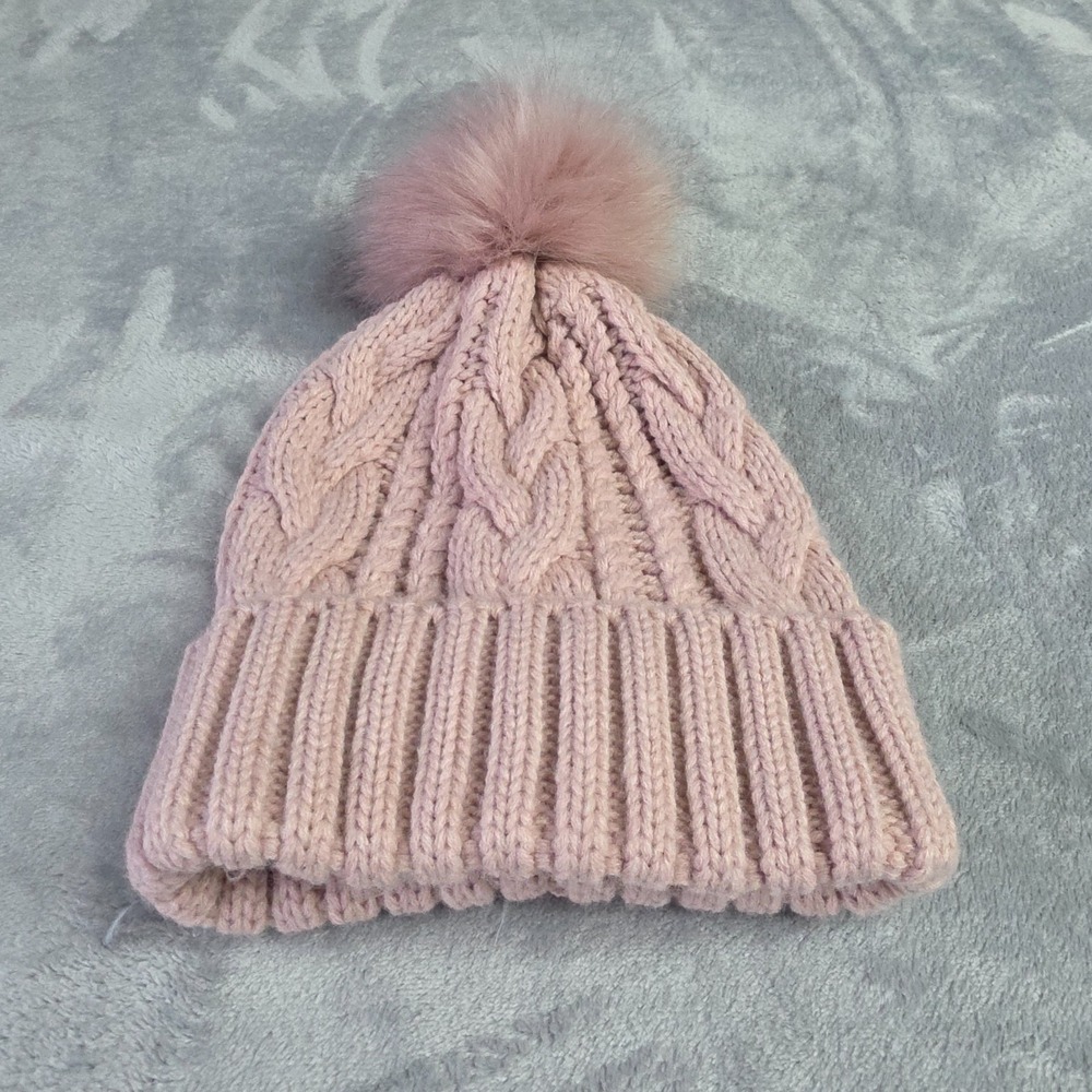 Aeropostale Beanie Toque Womens One Size Pink Knit Acrylic Blend Faux Fur Pom